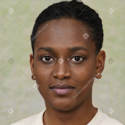 Neutral black young-adult female with short  black hair and brown eyes