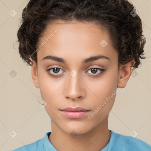 Neutral white young-adult female with short  brown hair and brown eyes