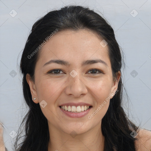 Joyful white young-adult female with long  brown hair and brown eyes