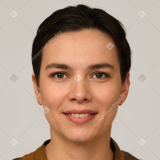 Joyful white young-adult female with short  brown hair and brown eyes