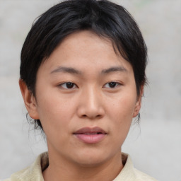 Neutral asian young-adult female with medium  brown hair and brown eyes