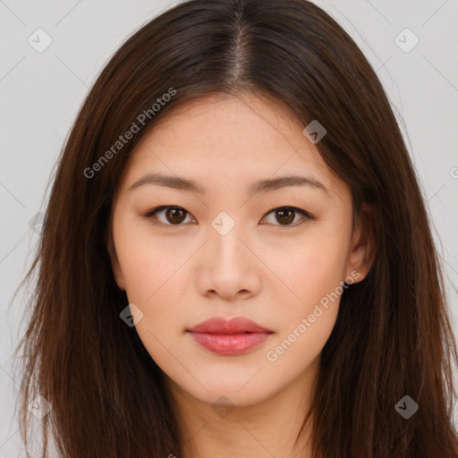 Neutral asian young-adult female with long  brown hair and brown eyes