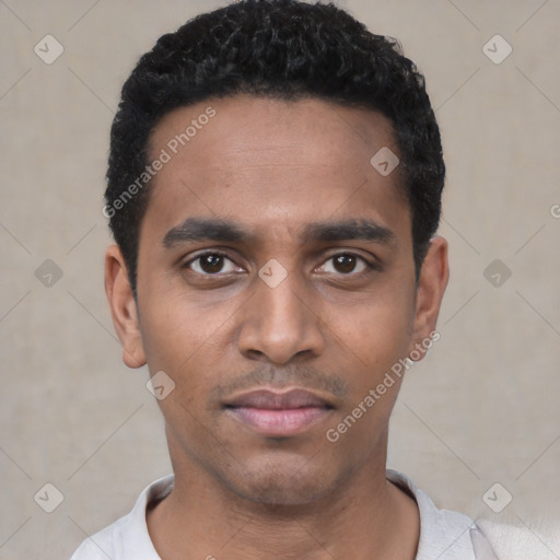 Neutral black young-adult male with short  black hair and brown eyes