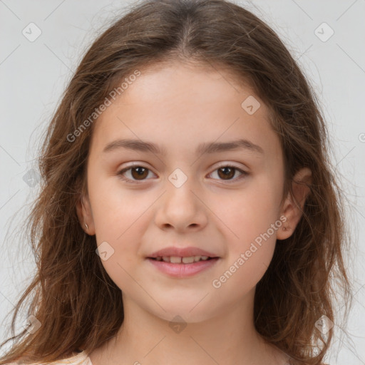 Joyful white child female with medium  brown hair and brown eyes