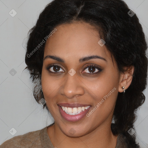 Joyful latino young-adult female with long  brown hair and brown eyes