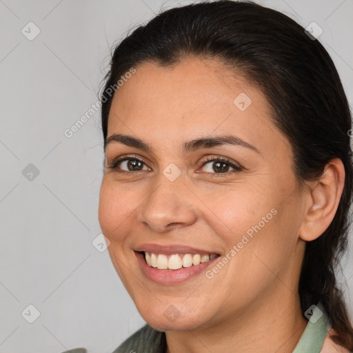 Joyful white young-adult female with medium  brown hair and brown eyes