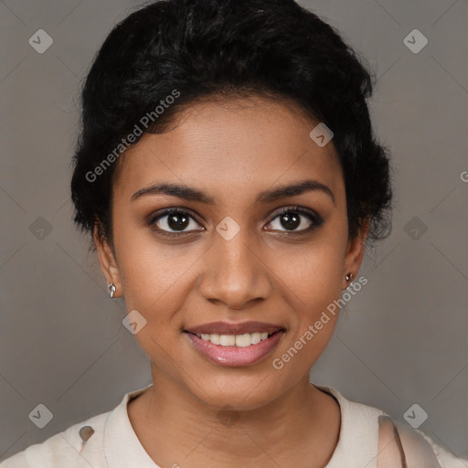 Joyful latino young-adult female with short  brown hair and brown eyes