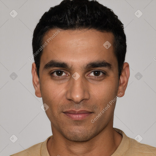 Neutral latino young-adult male with short  black hair and brown eyes