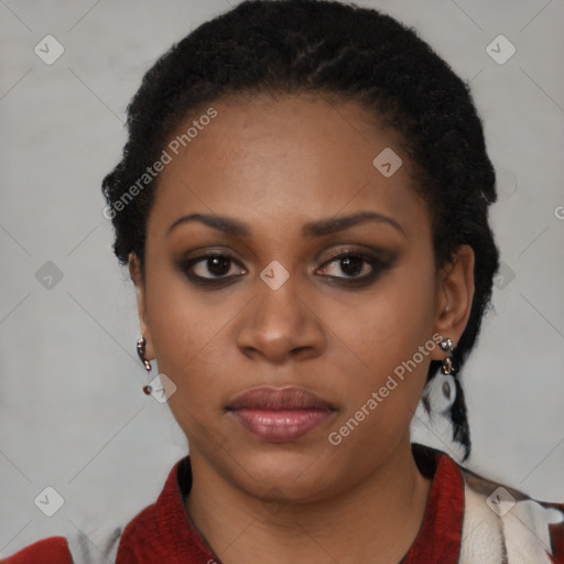 Neutral black young-adult female with short  black hair and brown eyes