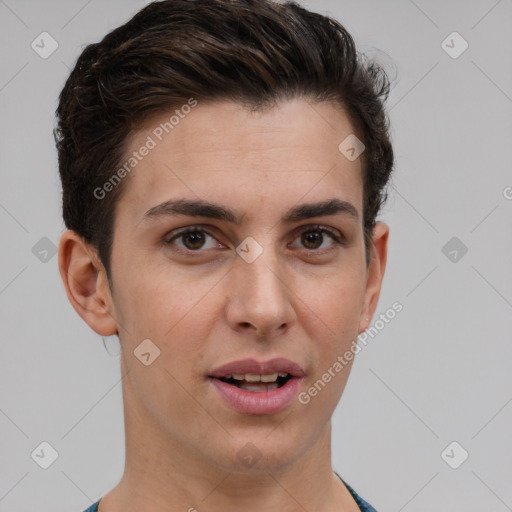 Joyful white young-adult female with short  brown hair and brown eyes