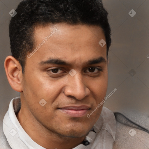 Joyful latino young-adult male with short  brown hair and brown eyes