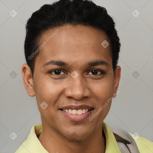 Joyful white young-adult male with short  black hair and brown eyes