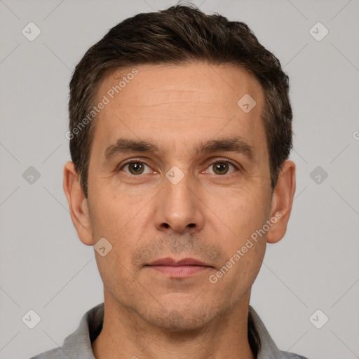 Neutral white adult male with short  brown hair and brown eyes