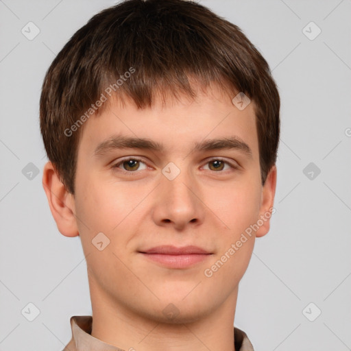 Neutral white young-adult male with short  brown hair and brown eyes