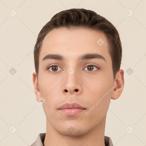 Neutral white young-adult male with short  brown hair and brown eyes