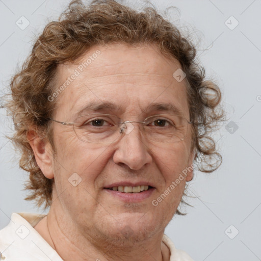 Joyful white middle-aged male with short  brown hair and brown eyes