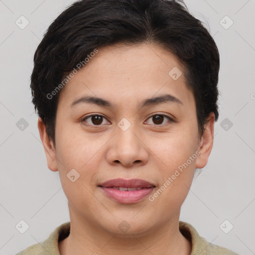 Joyful white young-adult female with short  brown hair and brown eyes