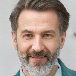 Joyful white adult male with short  brown hair and grey eyes