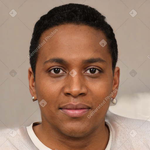 Joyful black young-adult male with short  black hair and brown eyes