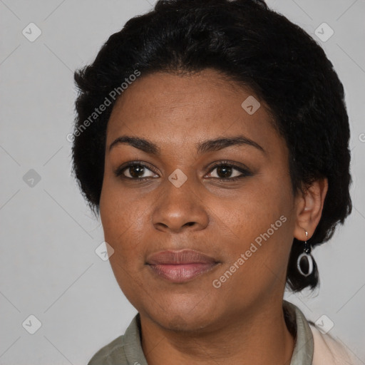 Neutral black young-adult female with short  black hair and brown eyes