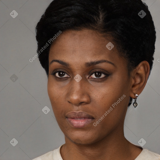 Neutral black young-adult female with short  black hair and brown eyes