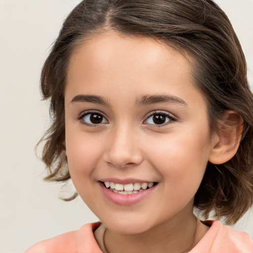 Joyful white child female with medium  brown hair and brown eyes