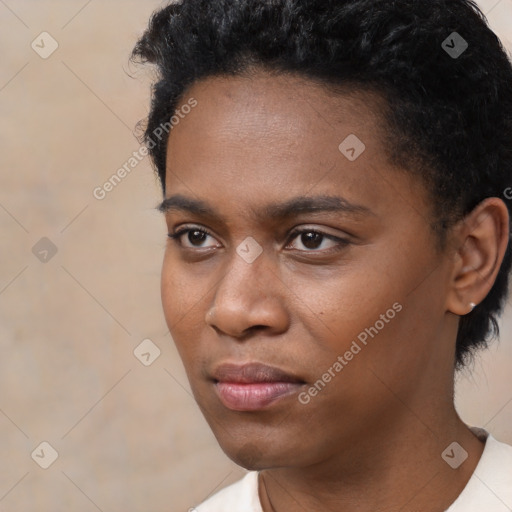 Neutral black young-adult female with short  black hair and brown eyes