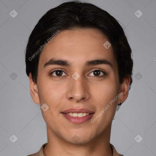 Joyful white young-adult female with short  brown hair and brown eyes