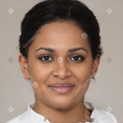 Joyful latino young-adult female with short  brown hair and brown eyes