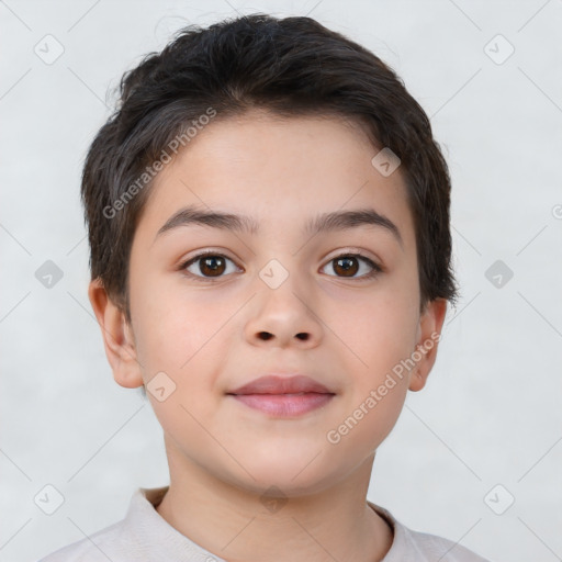 Joyful white child female with short  brown hair and brown eyes