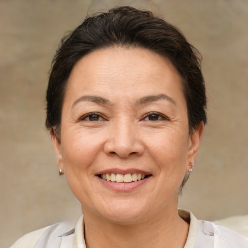 Joyful white adult female with short  brown hair and brown eyes