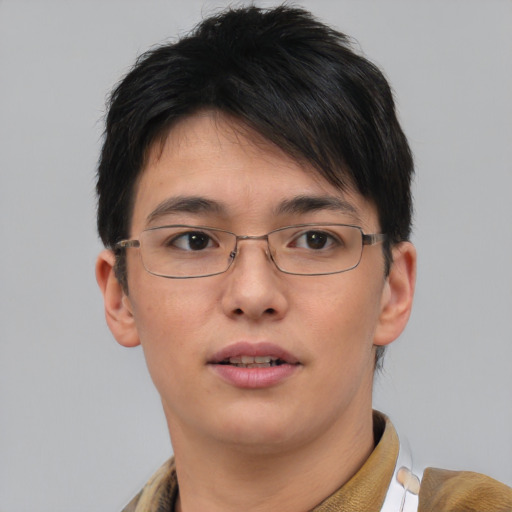 Neutral asian young-adult male with short  brown hair and brown eyes