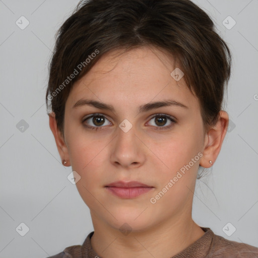 Neutral white young-adult female with short  brown hair and brown eyes