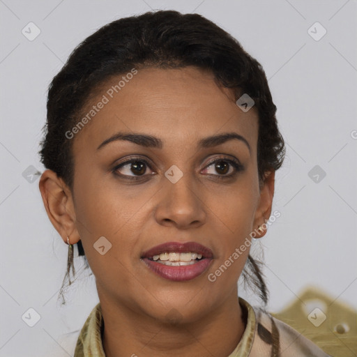 Joyful latino young-adult female with short  brown hair and brown eyes