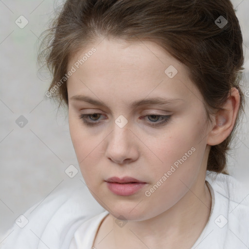 Neutral white young-adult female with medium  brown hair and brown eyes