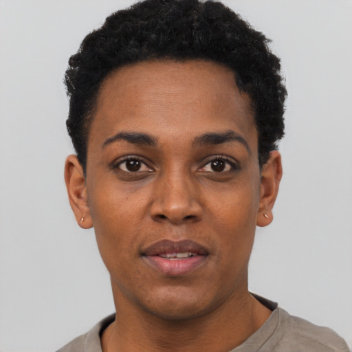 Neutral black young-adult female with short  black hair and brown eyes