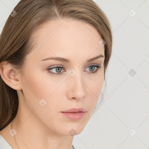 Neutral white young-adult female with medium  brown hair and grey eyes