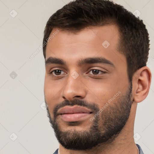 Neutral white young-adult male with short  brown hair and brown eyes