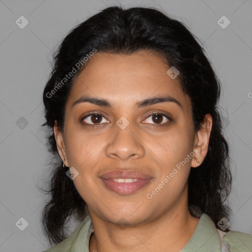 Joyful black young-adult female with medium  black hair and brown eyes