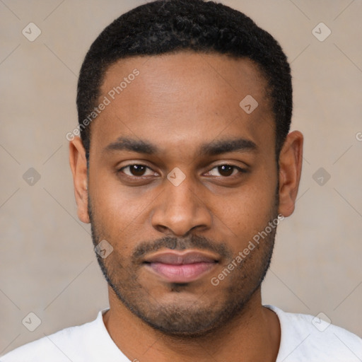 Neutral latino young-adult male with short  black hair and brown eyes