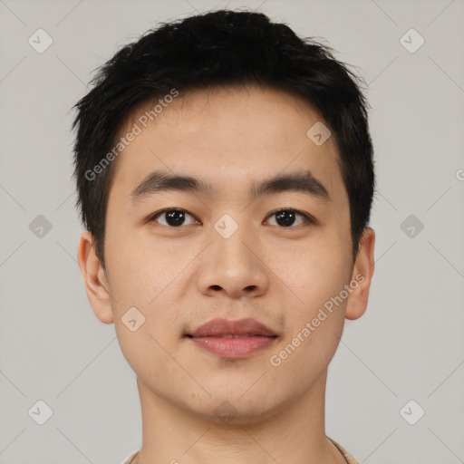 Neutral asian young-adult male with short  black hair and brown eyes