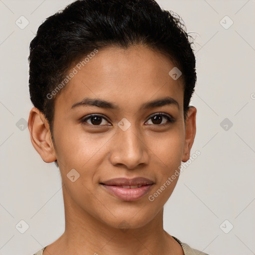 Joyful latino young-adult female with short  brown hair and brown eyes