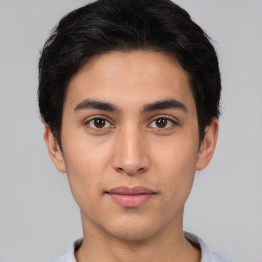 Neutral white young-adult male with short  brown hair and brown eyes