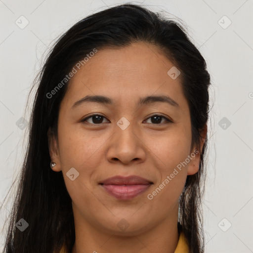 Joyful asian young-adult female with long  brown hair and brown eyes