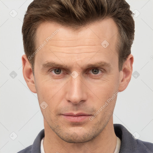 Neutral white adult male with short  brown hair and brown eyes