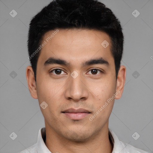 Neutral latino young-adult male with short  black hair and brown eyes