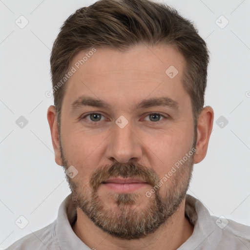 Neutral white adult male with short  brown hair and brown eyes