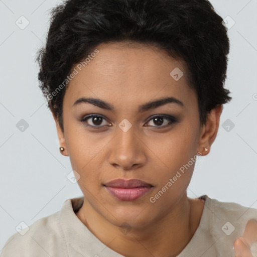 Joyful latino young-adult female with short  brown hair and brown eyes