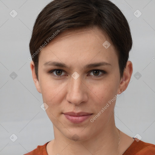 Joyful white young-adult female with short  brown hair and brown eyes