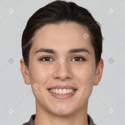 Joyful white young-adult female with short  brown hair and brown eyes